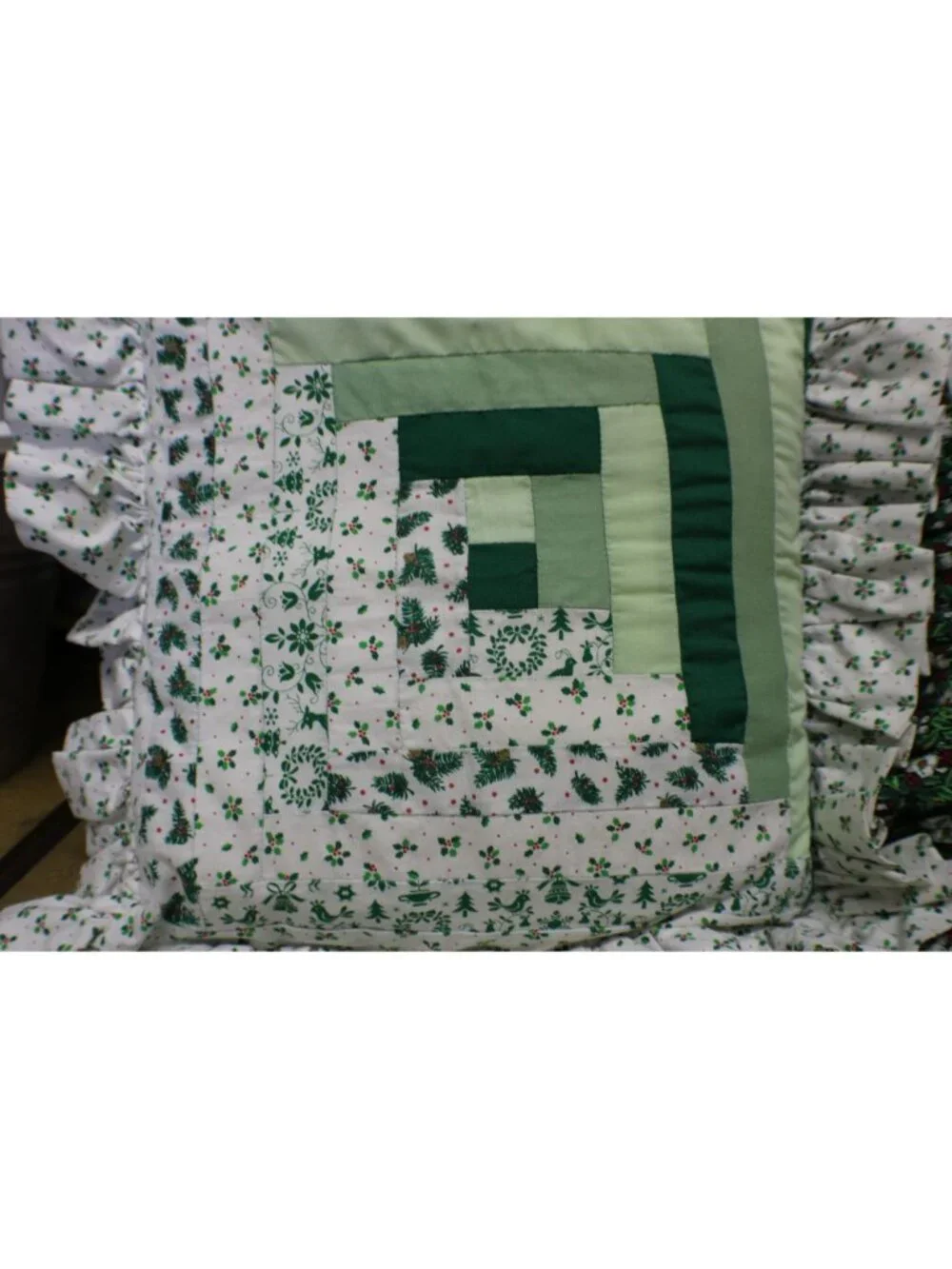 Set 2 Handmade Ruffled Quilted Throw Pillows Holiday Green White Holly Pattern